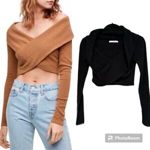 Aritzia Wilfred Free Silvers‎ Ribbed Wrap Front Off Shoulder Crop Top Black Sz S